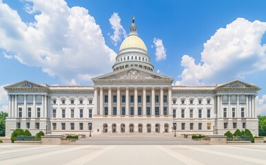 Obraz premium Under the blue sky, the Missouri State Capitol building in Jefferson City is a mesmerizing structure with a beautiful courtyard