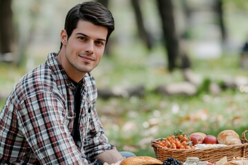 Young man enjoys picnic in park with fresh fruits and pastries surrounded by nature