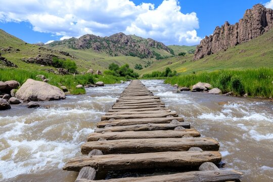 A mountain footbridge crossing a rapid-flowing river, perfect for adventure seekers