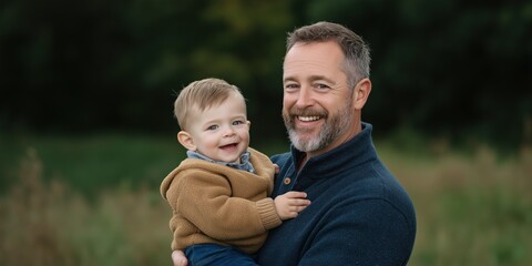 Fototapeta premium A man is holding a baby in his arms. The baby is smiling and the man is smiling back. Scene is happy and joyful