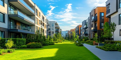 Row of apartment buildings with a large grassy area in between them.