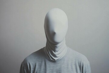 A minimalist portrait of a faceless model in a grey turtleneck against a neutral background, evoking emotions of anonymity and introspection