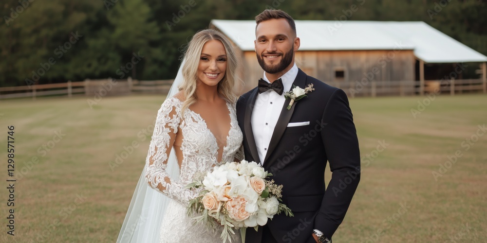 Canvas Prints A bride and groom are posing for a picture in front of a barn. The bride is wearing a long white dress and the groom is wearing a black suit. Scene is happy and celebratory