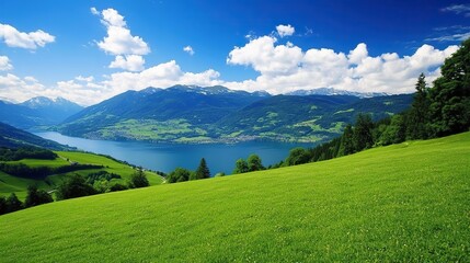 Fototapeta premium Tranquil Alpine Lake with Grass-Covered Hills and Clear Blue Sky, Capturing the Essence of Summer in the Alps, Ideal for Travel and Nature-Themed Designs