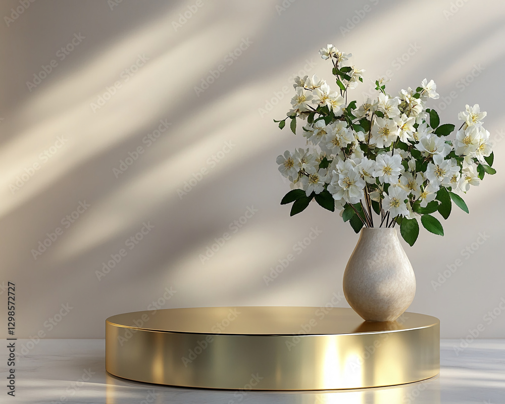 Poster a delicate white flower arrangement in a modern vase, placed on a golden pedestal with soft light fi