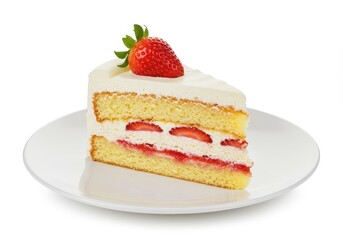 Slice of soft cream cake with a layer of frosting, topped with a fresh strawberry served on a white plate, isolated on white background