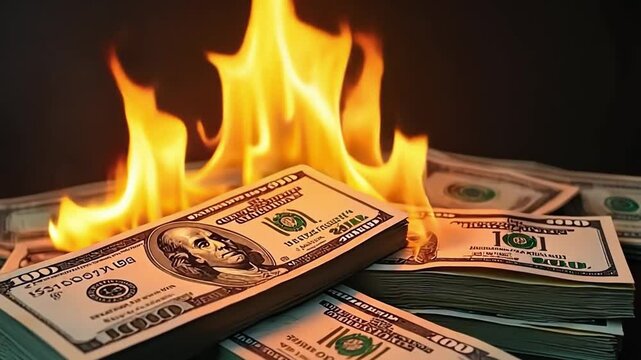 Economic Crisis: Money burns, symbolizing economic crisis, inflation, and financial ruin. A burning pile of dollar bills represents the volatility of money.