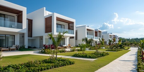 Row of white houses with a green lawn in front of them.