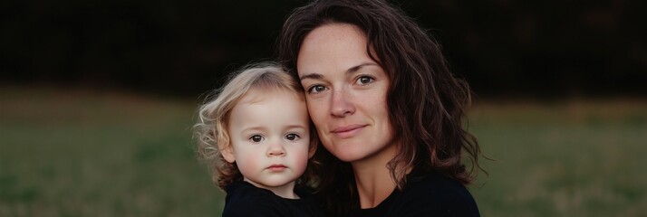 A woman and a child are standing in a field. Scene is warm and loving