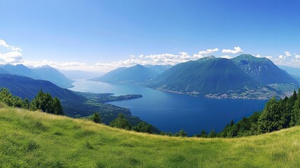 Obraz premium Tranquil Alpine Lake with Grass-Covered Hills and Clear Blue Sky, Capturing the Essence of Summer in the Alps, Ideal for Travel and Nature-Themed Designs