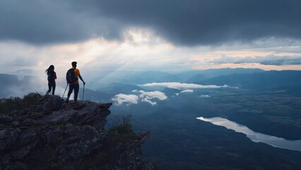 Two Hikers Enjoying a Scenic Mountain View During an Adventurous Trek
