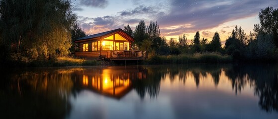 Cabin on a lake at sunset reflecting in water