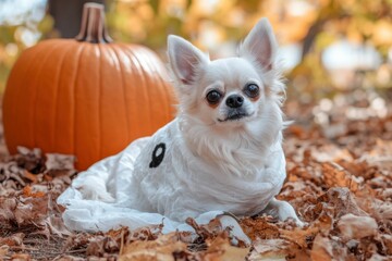 Fototapeta premium Dog in Ghost Costume: Funny Halloween Pose with Pumpkin and Autumn Vibes