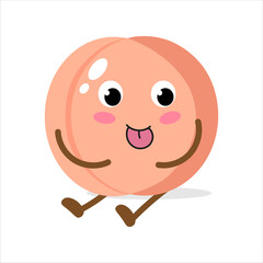Cute cartoon character of a smiling peach with arms and legs sitting on a white background