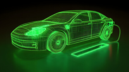 Futuristisches grünes Elektroauto mit digitaler Drahtgitter-Optik – Innovation und Nachhaltigkeit
