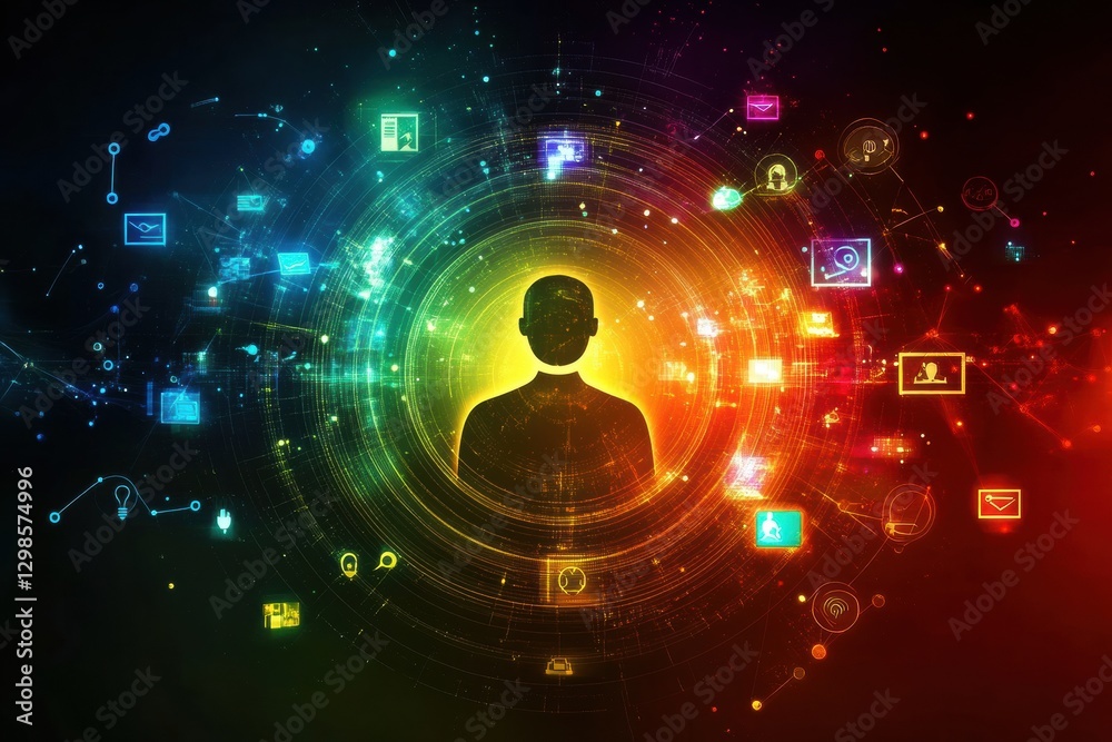 Poster Abstract representation of digital connection and information exchange demonstrating modern technology in vibrant colors. Generative AI