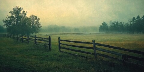 Obraz premium Serene misty morning over a tranquil pasture with wooden fence and trees at sunrise