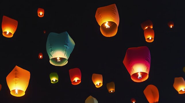 Colorful paper lanterns floating gently in the night sky, illuminating the serene atmosphere of a celebration.