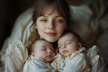 Embracing the serene moment of a young mother with her peaceful twins in a cozy, intimate setting that radiates warmth and love