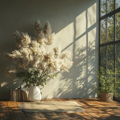 Fototapeta premium A minimalist backdrop featuring a palm tree's shadow on a plaster wall, embodying a luxurious summer architectural style and a creative bohemian concept for a home product display platform and Stock