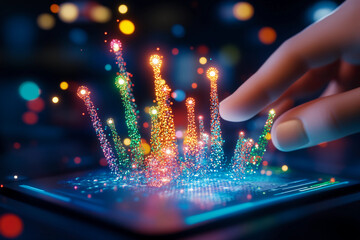 Futuristic virtual reality interface displaying complex AI algorithms as holographic projections in a tech hub, with a user interacting with the system in real-time