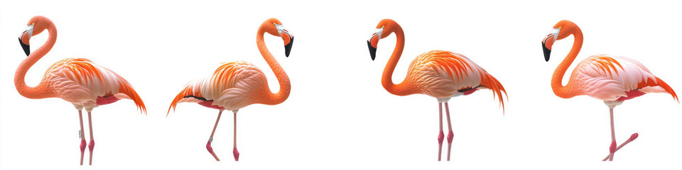 Fototapeta premium Set of gracefully standing elegant pink flamingos, isolated on a white background