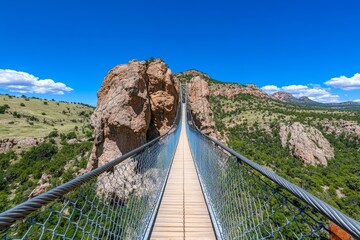 A narrow wooden bridge connecting two massive cliffs, suspended high above a deep canyon