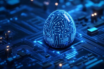 Glowing blue circuit egg on motherboard. Digital Easter concept. Futuristic technology rebirth symbol. AI and machine learning advancement. Cyber security innovation.
