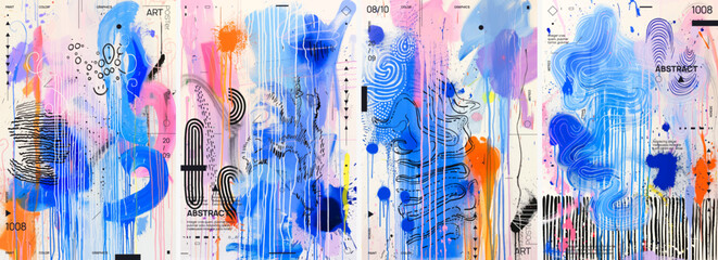 Abstract design concept. Vector illustrations. Blue, orange, black and pink colors. Posters with various brush strokes and textures to create an artistic background for design projects.