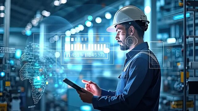 Factory Supervisor with Digital Interface: A diligent supervisor meticulously monitors and manages advanced machinery using a digital interface on a tablet.