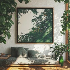 A minimalist aesthetic frame mockup poster template rests against a white wall on the table