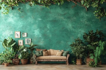 Obraz premium Display of a poster or photograph in a mock-up poster gallery wall with six frames in a solid pastel light blue room with furniture and plants, stock image