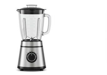 Modern kitchen blender with transparent glass jar and metallic base isolated on white background