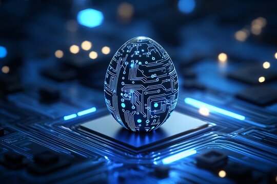 Digital egg with circuit board pattern on computer motherboard. Futuristic Easter concept. Cyber technology and AI innovation. Blue glowing tech background for Easter in digital age.