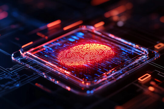 Glowing matrix-like code flowing across a transparent digital shield with a holographic fingerprint scan, representing personal data protection and secure identification methods