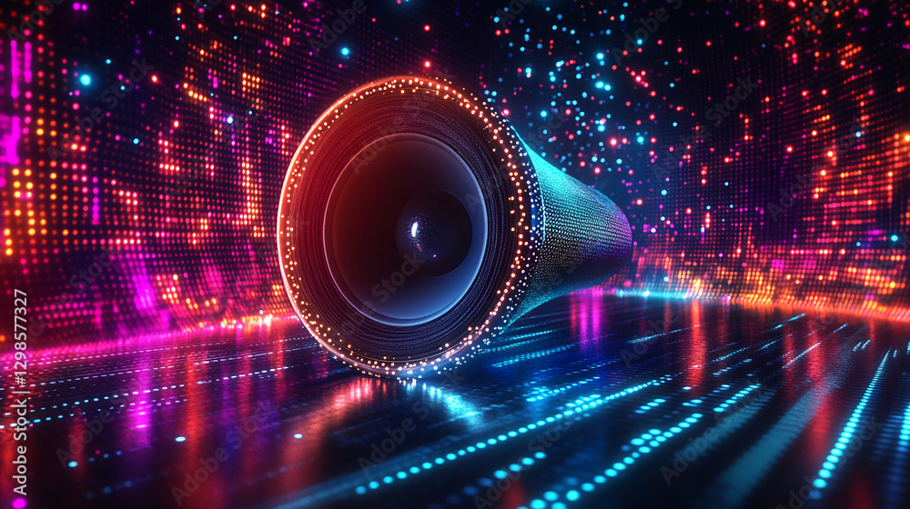 Poster close-up of a glowing speaker with vibrant digital light effects, showcasing the fusion of sound and