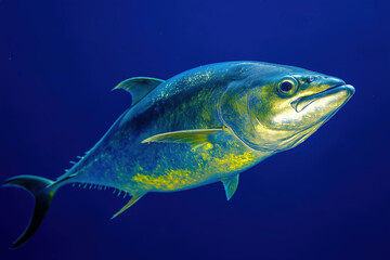 Fototapeta premium Thon à nageoires jaunes en pleine mer, profil majestueux sur fond bleu océan profond.