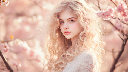 Fototapeta premium Graceful young woman with long curly blonde hair standing in a vibrant field of blooming sakura trees, soft natural light enveloping her in a dreamy and peaceful spring atmosphere.