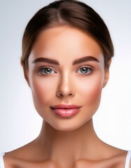 Obraz premium 肌の綺麗な白人女性の顔のクローズアップ。白い背景。AIで生成 