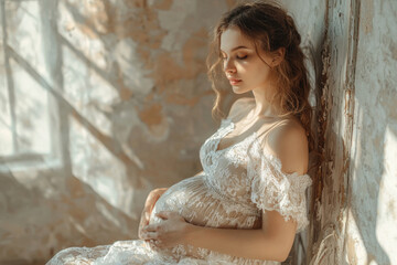 Embracing motherhood, a serene moment captured in soft sunlight within an elegantly worn space, highlighting a beautiful pregnant woman in a lace dress
