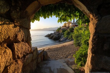 Coastal view through stone archway