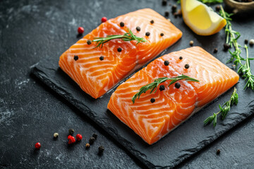 Fresh raw red salmon fish fillet with herbs. Black stone background. Top view