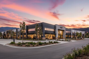 Fototapeta premium A sleek steel exterior is a key feature of the modern warehouse office building, designed with generative ai