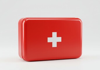 Obraz premium Bright red first aid box with a white cross symbol on the front isolated on white background