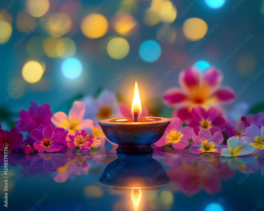 Poster close-up of a lit candle surrounded by vibrant flowers with a soft bokeh background, symbolizing rel