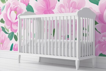 Fototapeta premium A nursery with a soft pink color scheme, featuring a white crib, floral wallpaper, and lace curtains