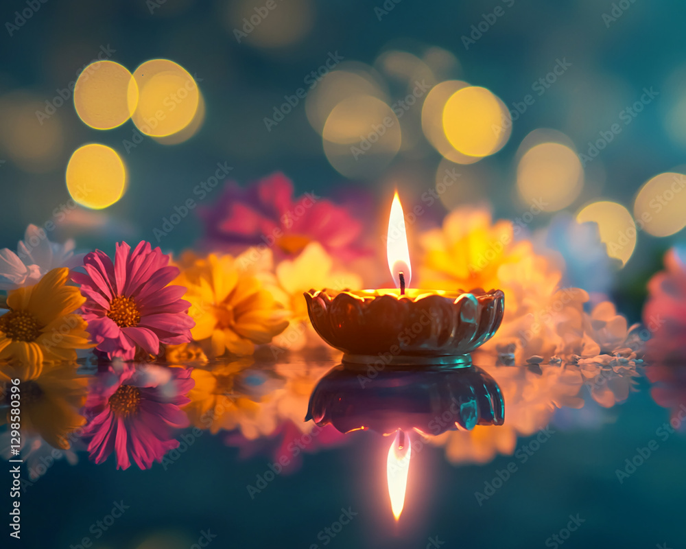 Poster a traditional oil lamp surrounded by colorful flowers with a soft bokeh effect in the background, sy
