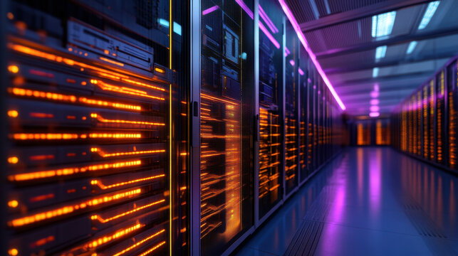 A row of advanced server racks brightly lit, indicating active data transfer and a cutting-edge digital environment in a data center