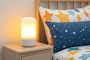 A nursery with a space theme, featuring glowing star decals, astronaut-themed bedding, and a cosmic nightlight