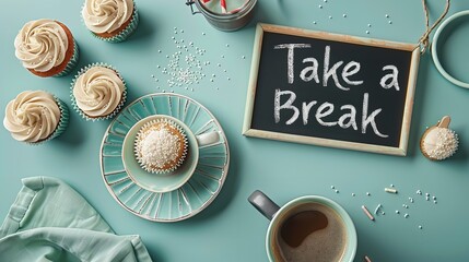 This is a close-up of playful cursive writing that reads "Take a Break" on a chalkboard with a dish of cupcakes and a coffee cup on a vivid green backdrop, Generative AI.